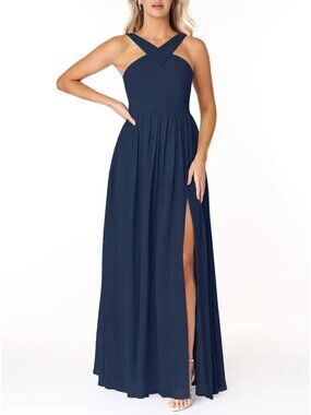Azazie Elvira Navy Chiffon Maxi Dress Long Gown Wedding Bridesmaid Sz 14 Pockets